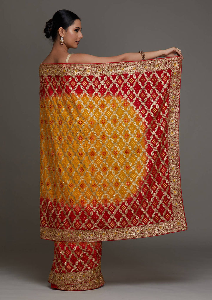 Yellow Stonework Semi Crepe Saree - Koskii