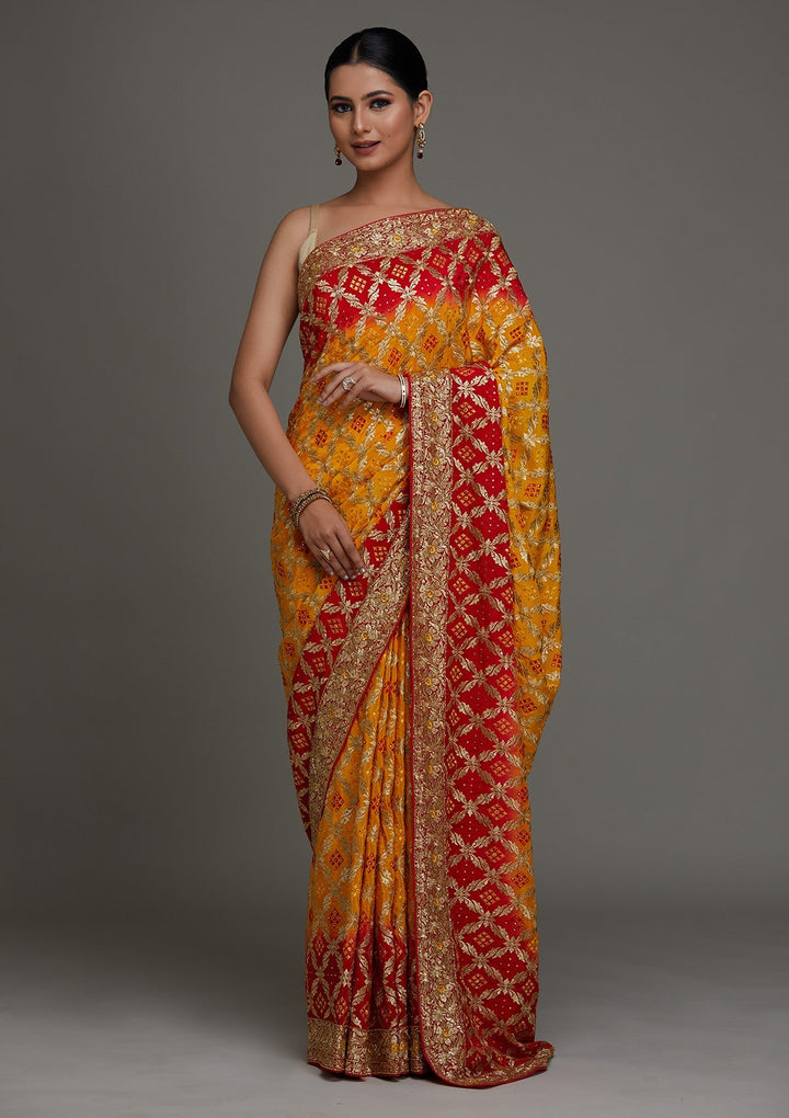 Yellow Stonework Semi Crepe Saree - Koskii