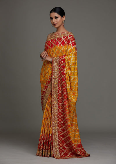 Yellow Stonework Semi Crepe Saree - Koskii
