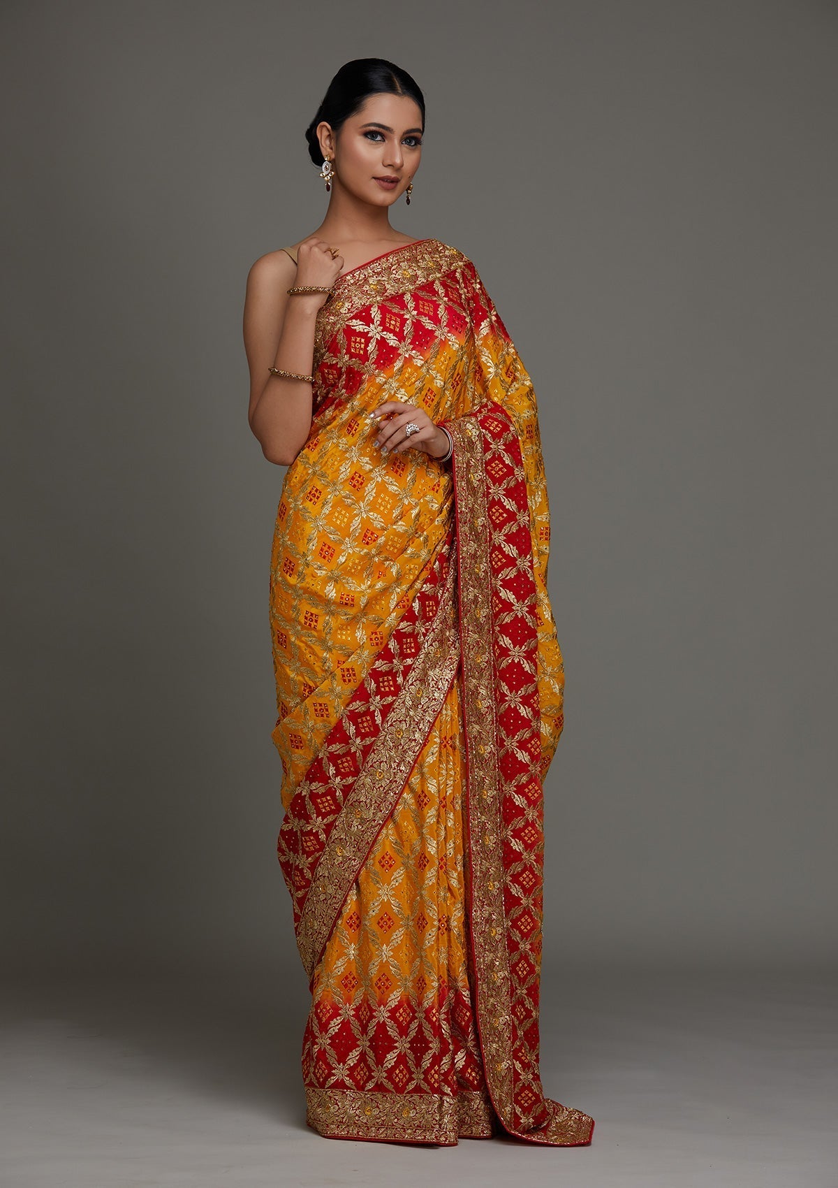 Yellow Stonework Semi Crepe Saree - Koskii