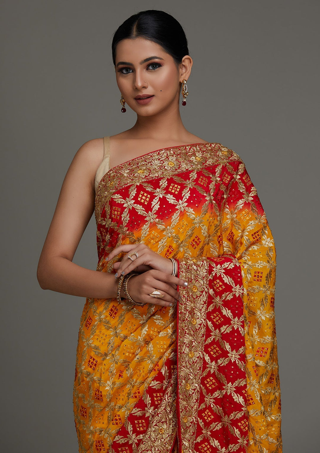 Yellow Stonework Semi Crepe Saree - Koskii