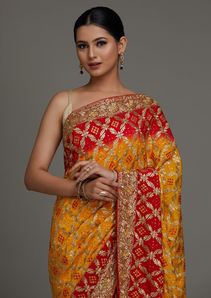 Yellow Stonework Semi Crepe Saree - Koskii