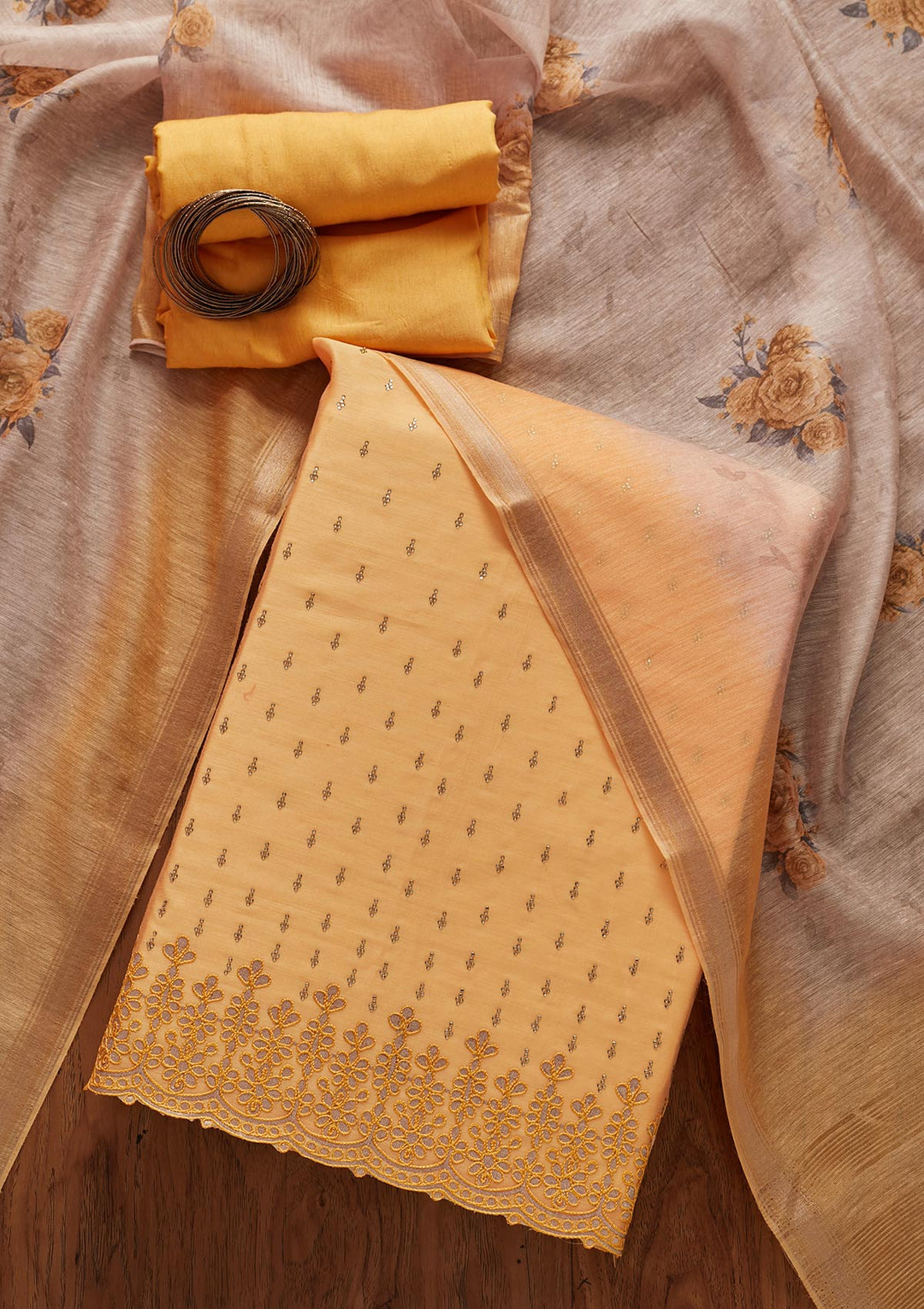 Yellow Swarovski Chanderi Designer Unstitched Salwar Suit - koskii