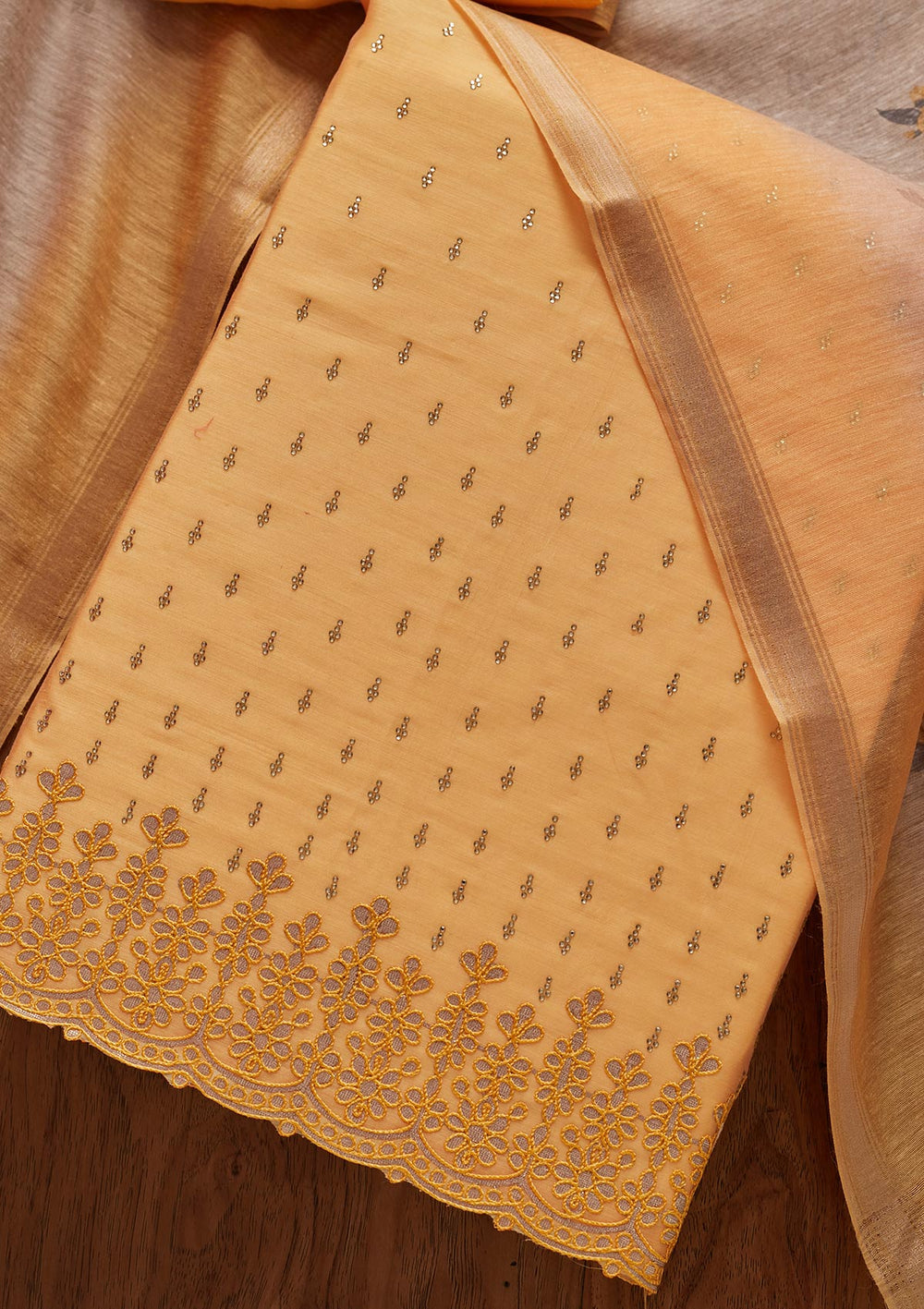Yellow Swarovski Chanderi Designer Unstitched Salwar Suit - koskii