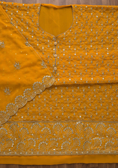 Yellow Swarovski Georgette Unstitched Salwar Suit-Koskii