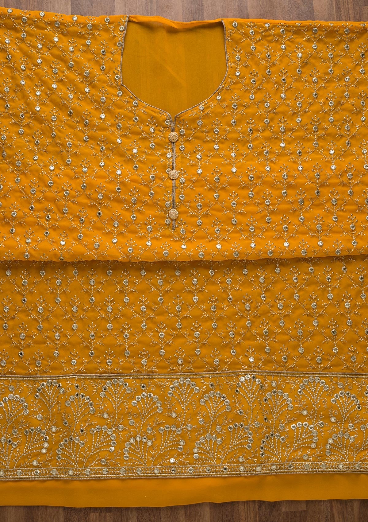 Yellow Swarovski Georgette Unstitched Salwar Suit-Koskii