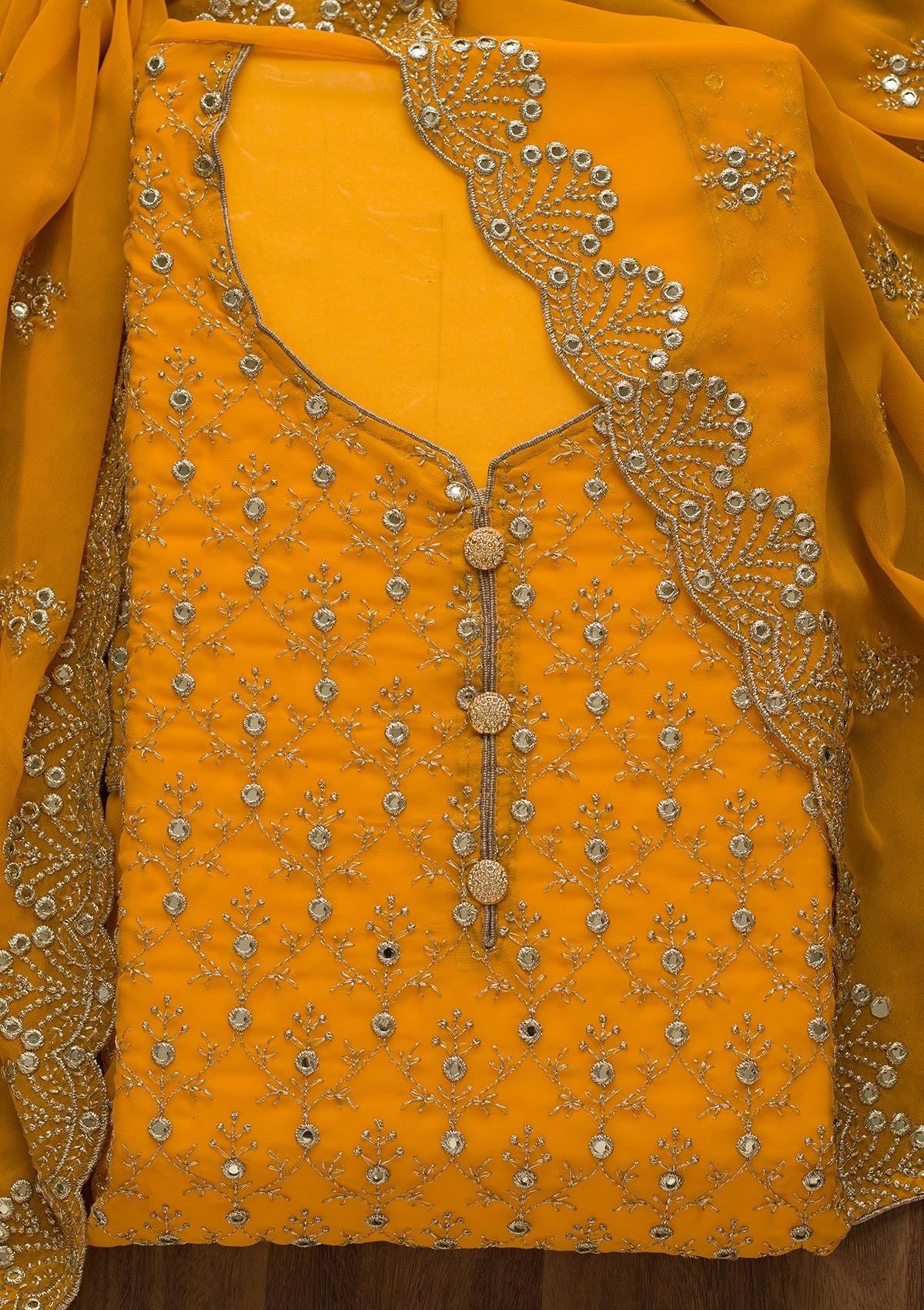 Yellow Swarovski Georgette Unstitched Salwar Suit-Koskii