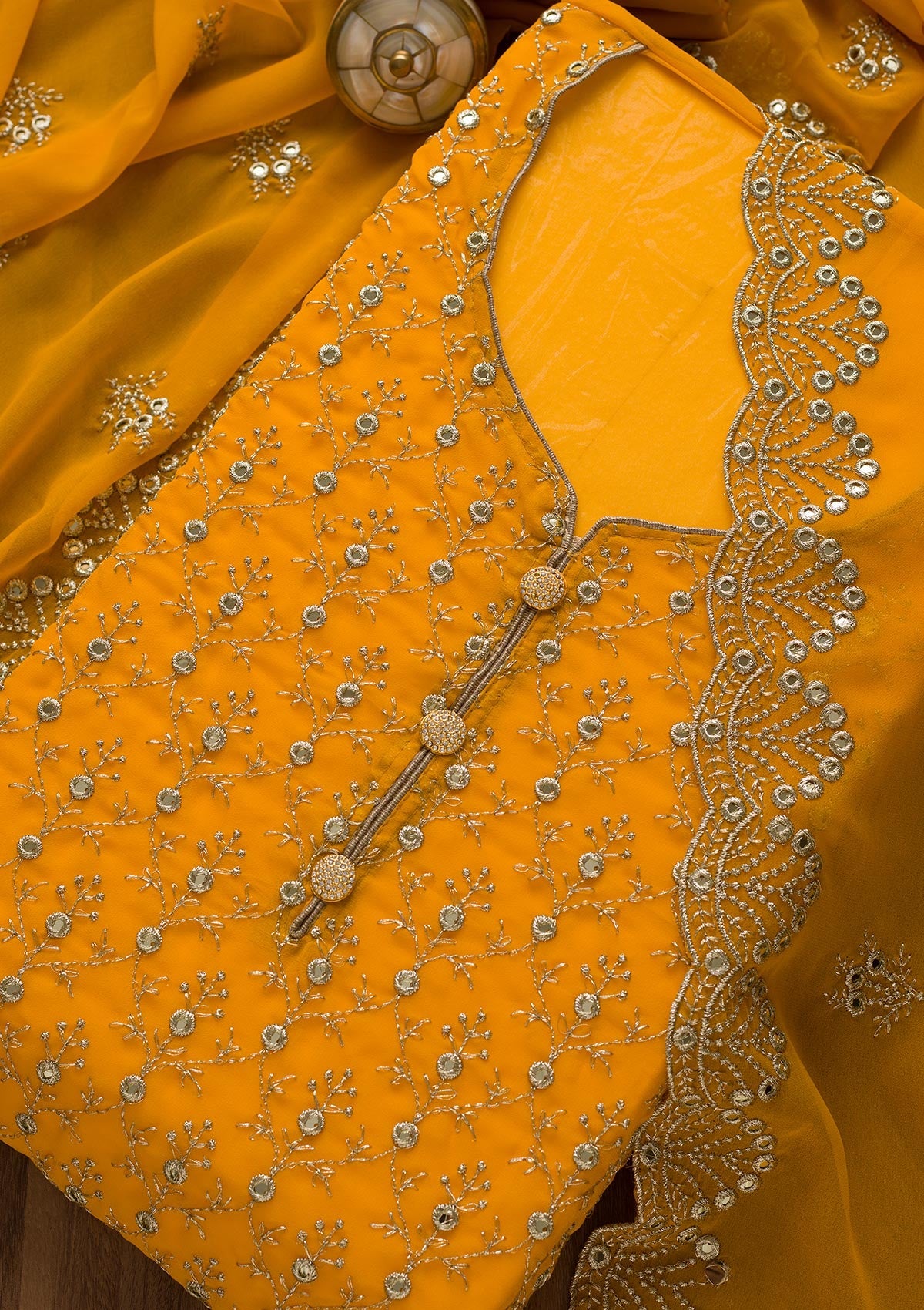 Yellow Swarovski Georgette Unstitched Salwar Suit-Koskii