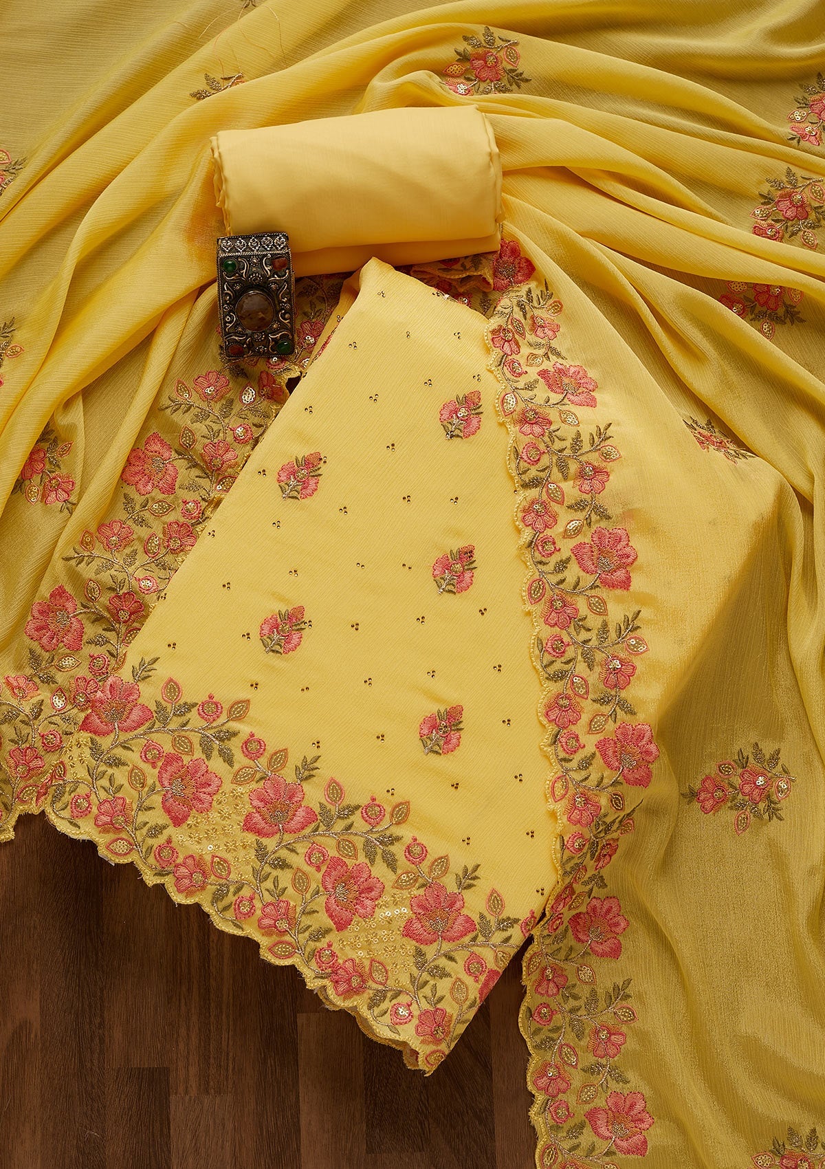 Yellow Swarovski Georgette Unstitched Salwar Suit-Koskii