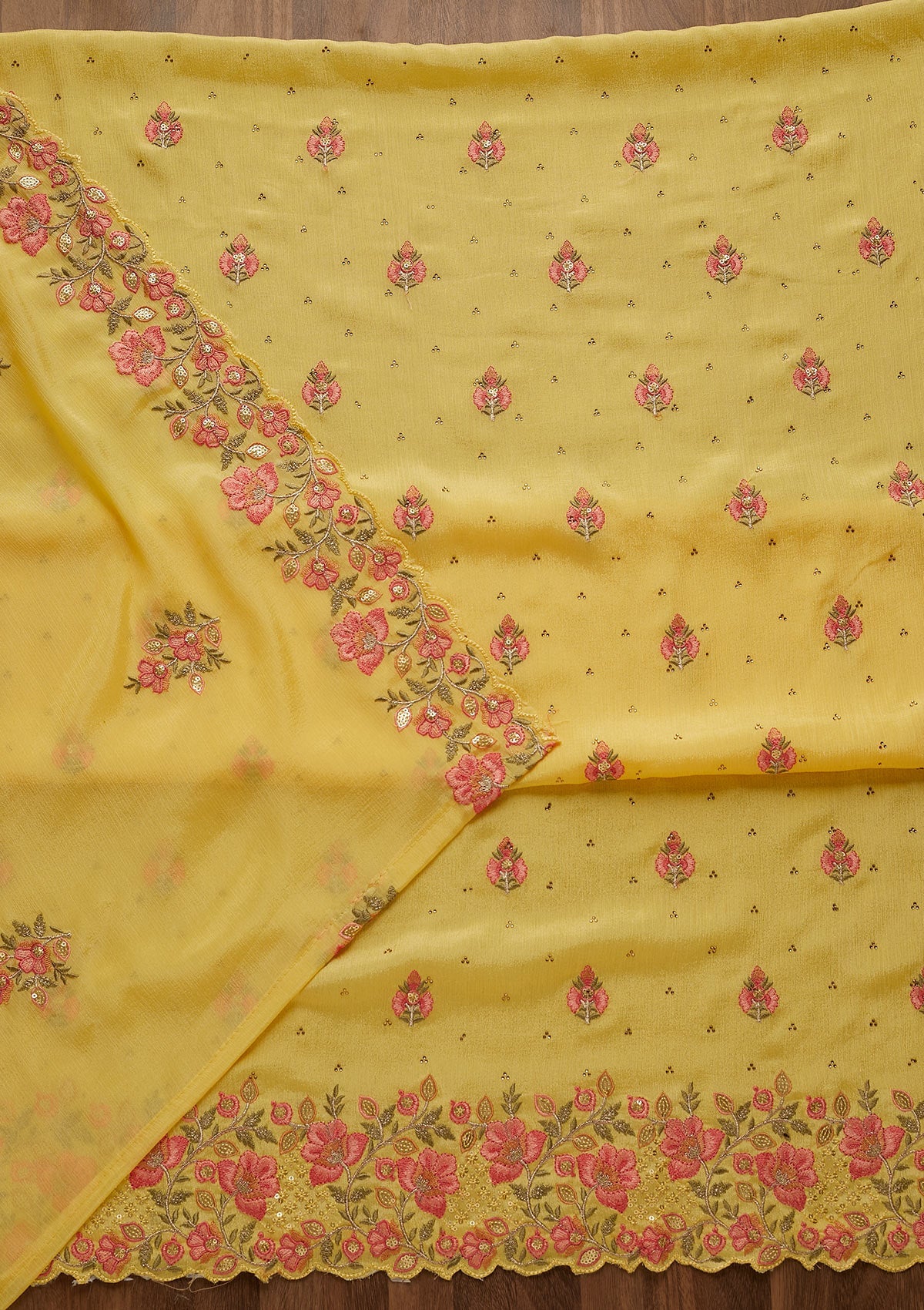 Yellow Swarovski Georgette Unstitched Salwar Suit-Koskii