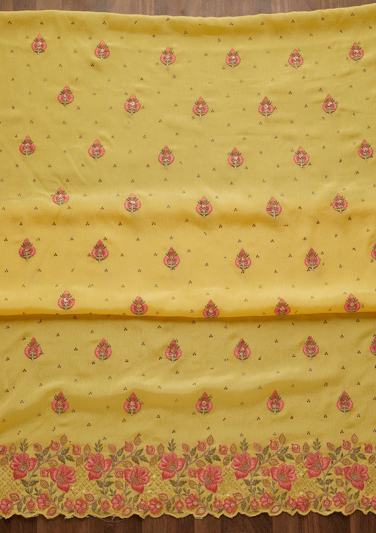 Yellow Swarovski Georgette Unstitched Salwar Suit-Koskii