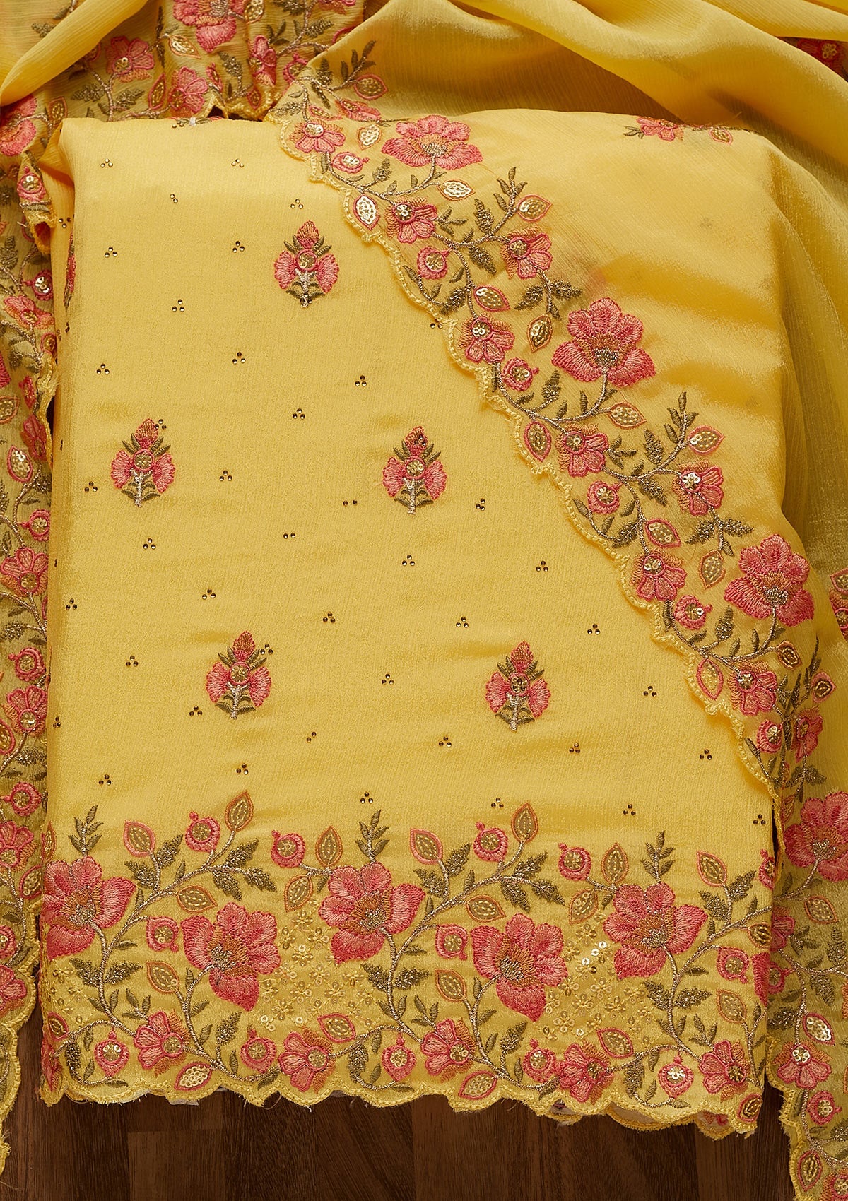 Yellow Swarovski Georgette Unstitched Salwar Suit-Koskii