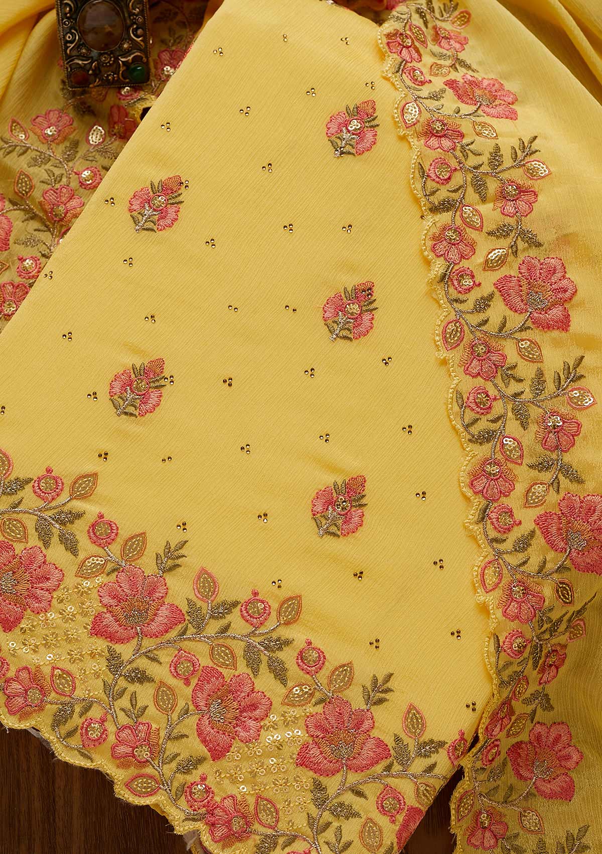 Yellow Swarovski Georgette Unstitched Salwar Suit-Koskii