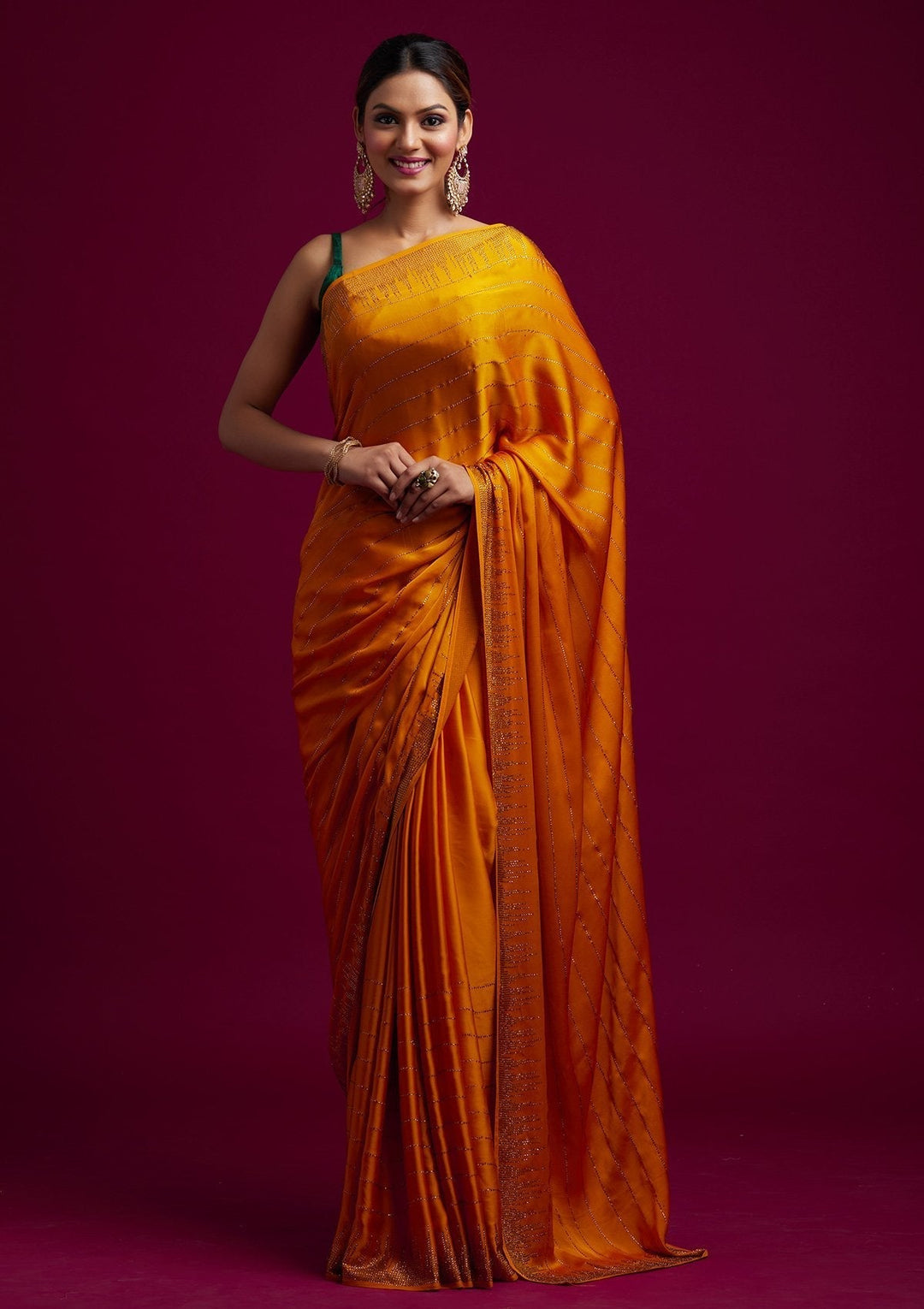 Yellow Swarovski Satin Designer Saree - koskii