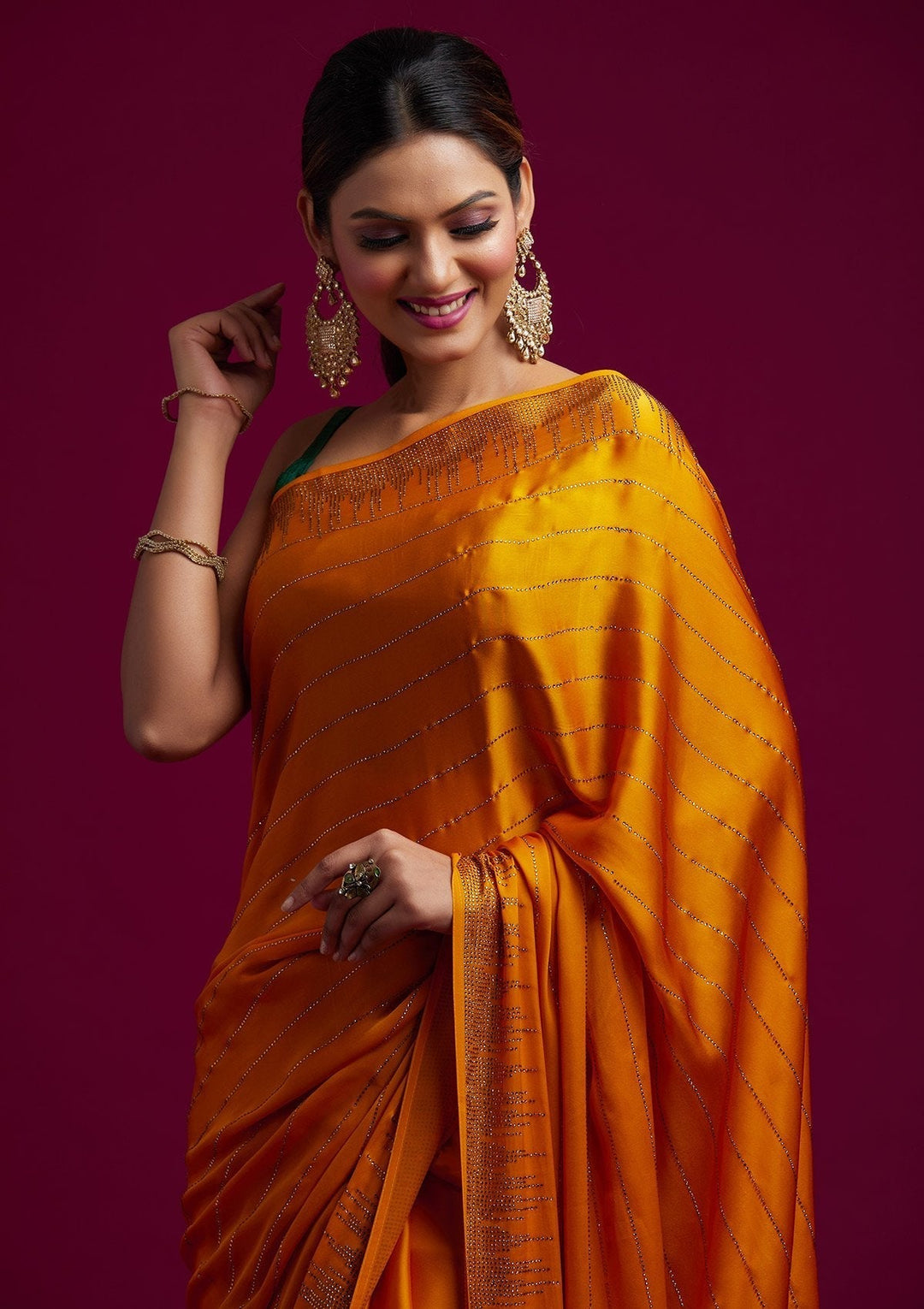 Yellow Swarovski Satin Designer Saree - koskii