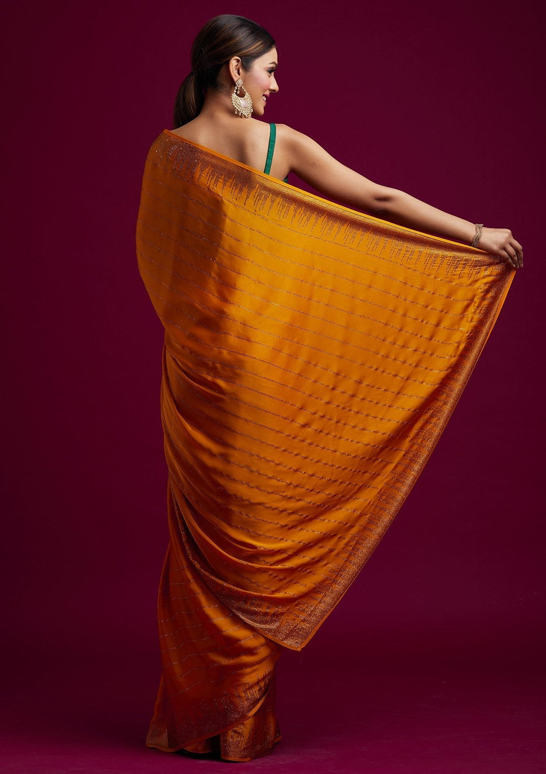 Yellow Swarovski Satin Designer Saree - koskii