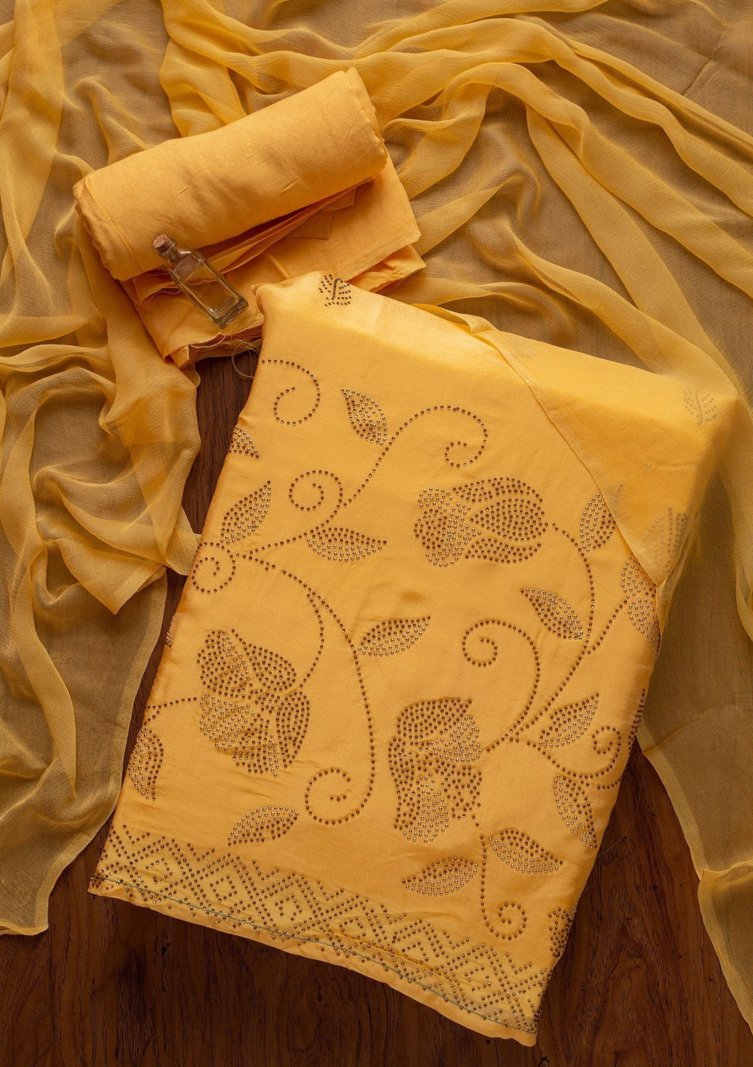 Yellow Swarovski Semi Crepe Designer Unstitched Salwar Suit - koskii