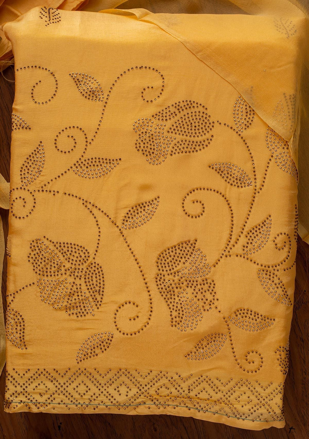 Yellow Swarovski Semi Crepe Designer Unstitched Salwar Suit - koskii