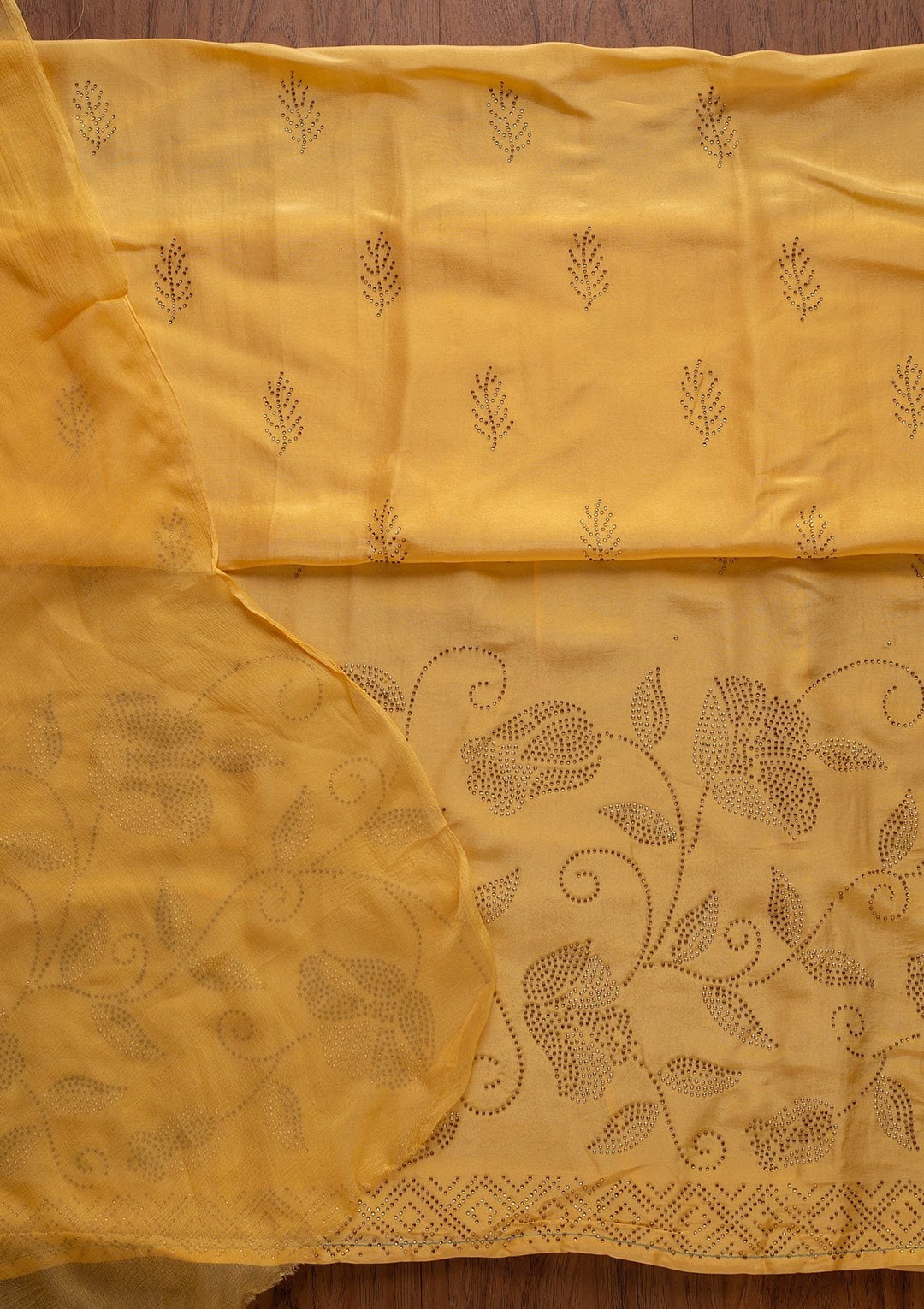 Yellow Swarovski Semi Crepe Designer Unstitched Salwar Suit - koskii