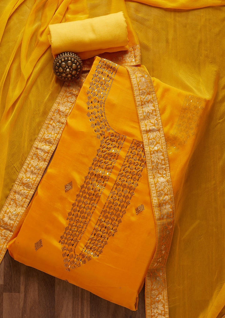 Yellow Swarovski Semi Crepe  Unstitched Salwar Suit-Koskii