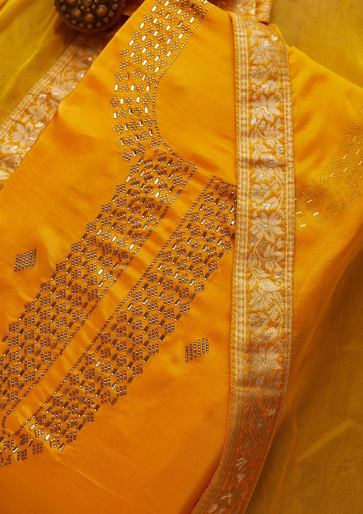 Yellow Swarovski Semi Crepe  Unstitched Salwar Suit-Koskii