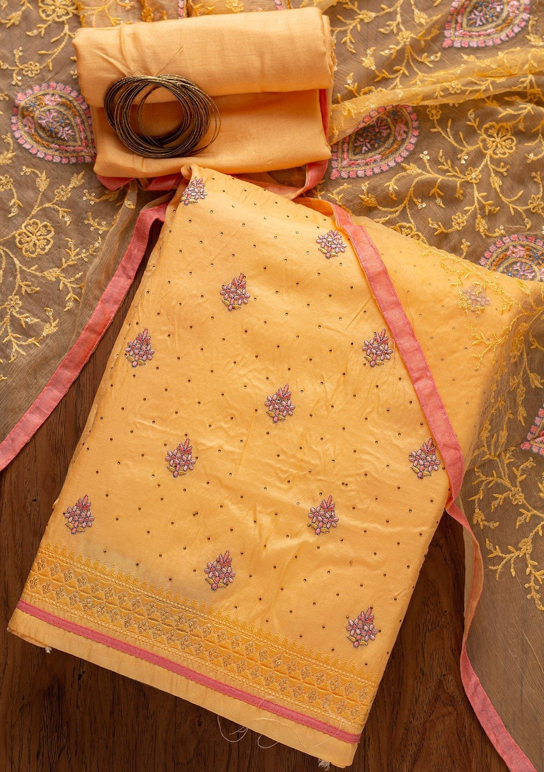 Yellow Threadwork Art Silk Designer Unstitched Salwar Suit - koskii