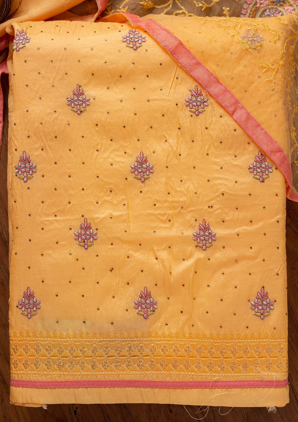 Yellow Threadwork Art Silk Designer Unstitched Salwar Suit - koskii