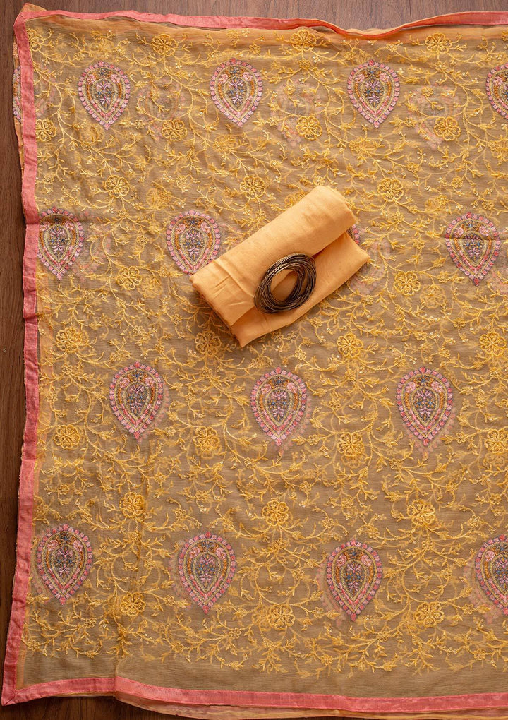 Yellow Threadwork Art Silk Designer Unstitched Salwar Suit - koskii