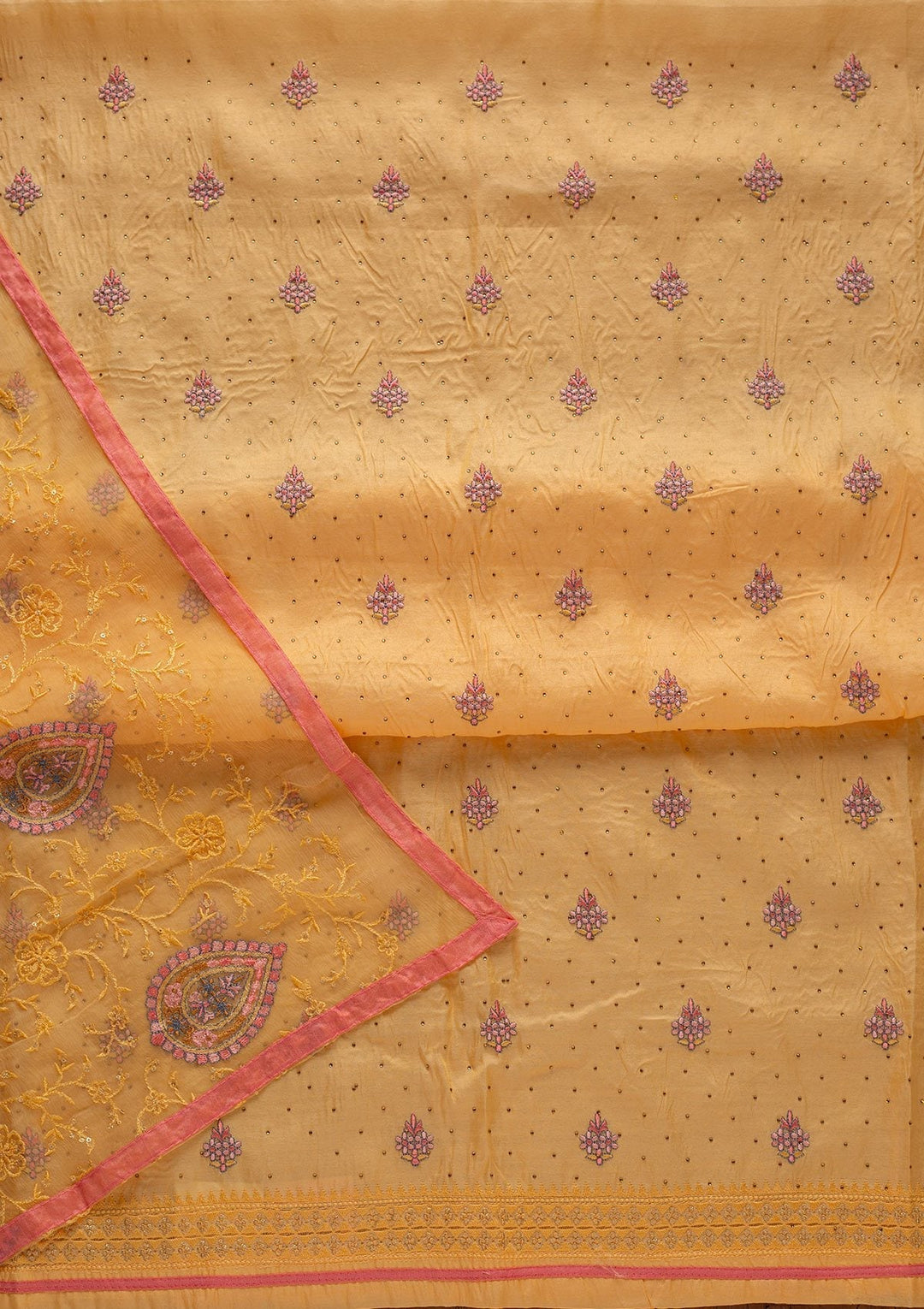 Yellow Threadwork Art Silk Designer Unstitched Salwar Suit - koskii