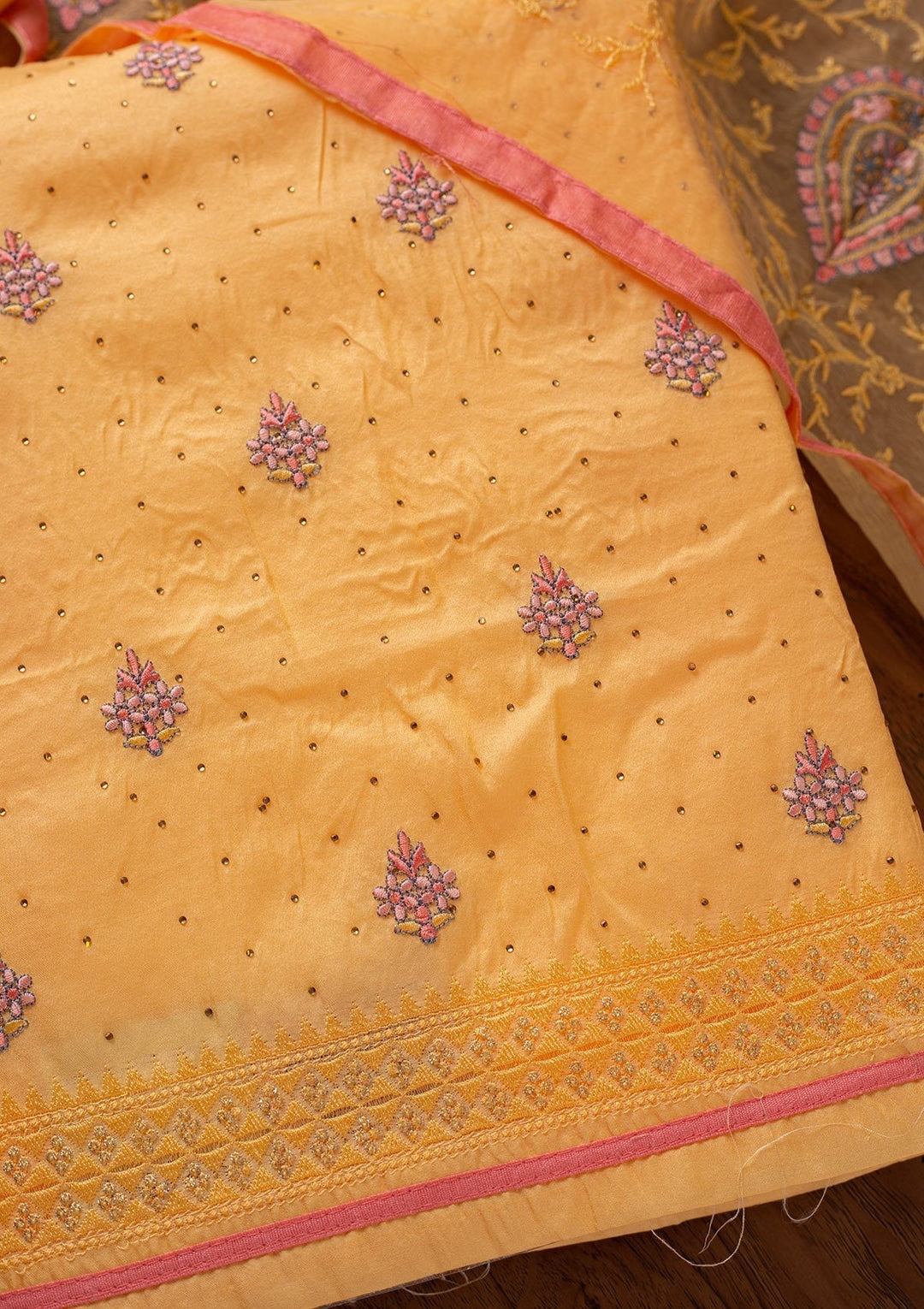 Yellow Threadwork Art Silk Designer Unstitched Salwar Suit - koskii