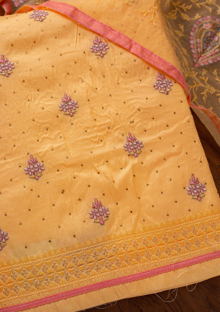 Yellow Threadwork Art Silk Designer Unstitched Salwar Suit - koskii