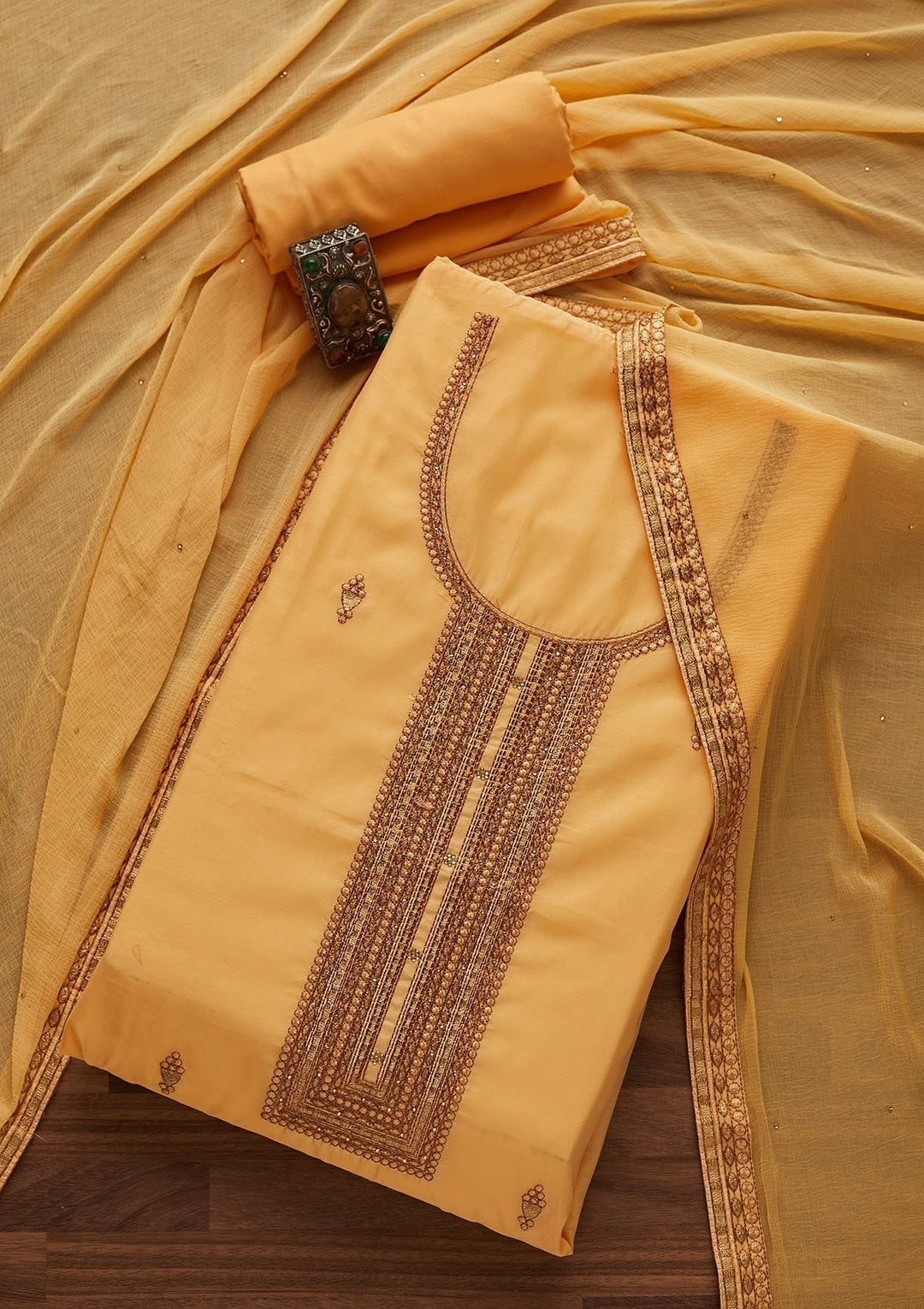 Yellow Threadwork Chanderi Designer Unstitched Salwar Suit - Koskii