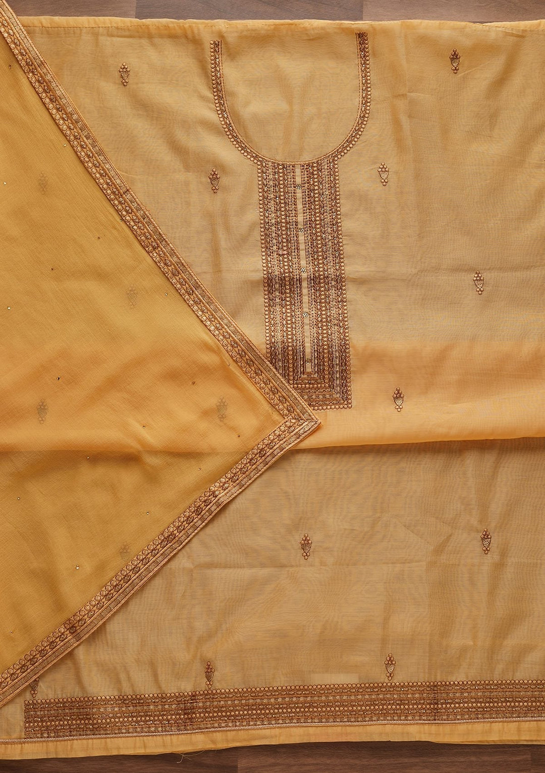 Yellow Threadwork Chanderi Designer Unstitched Salwar Suit - Koskii
