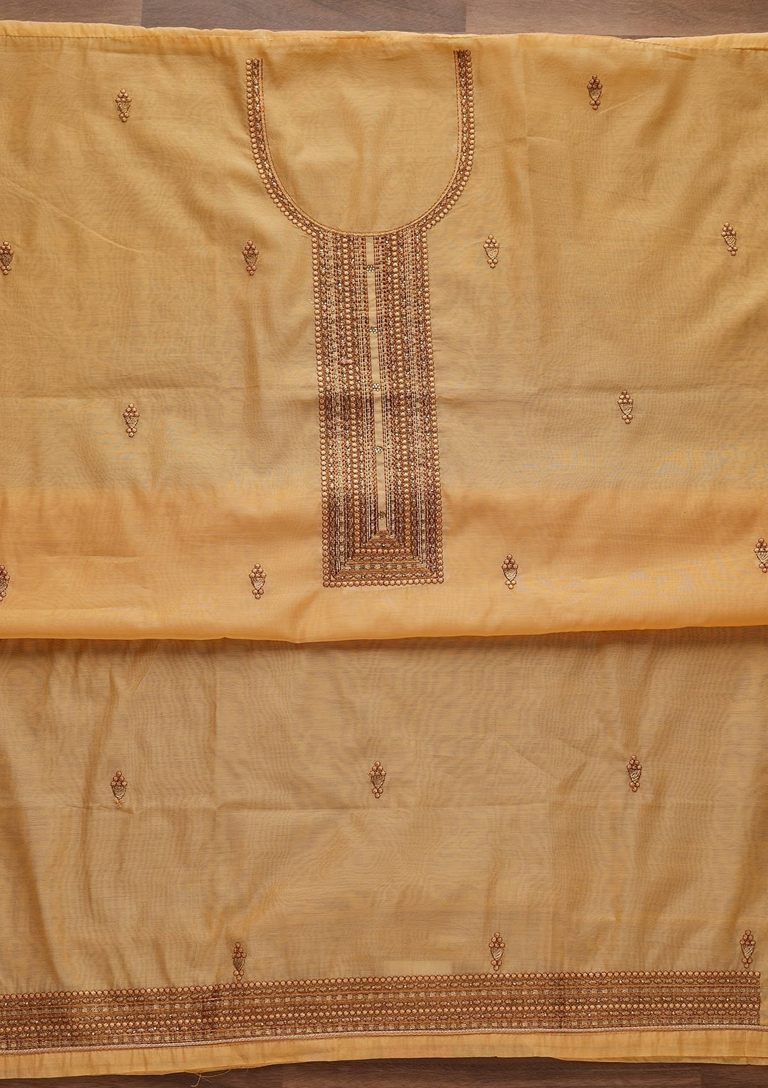 Yellow Threadwork Chanderi Designer Unstitched Salwar Suit - Koskii