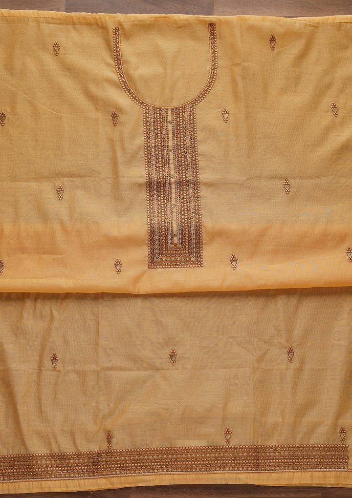 Yellow Threadwork Chanderi Designer Unstitched Salwar Suit - Koskii