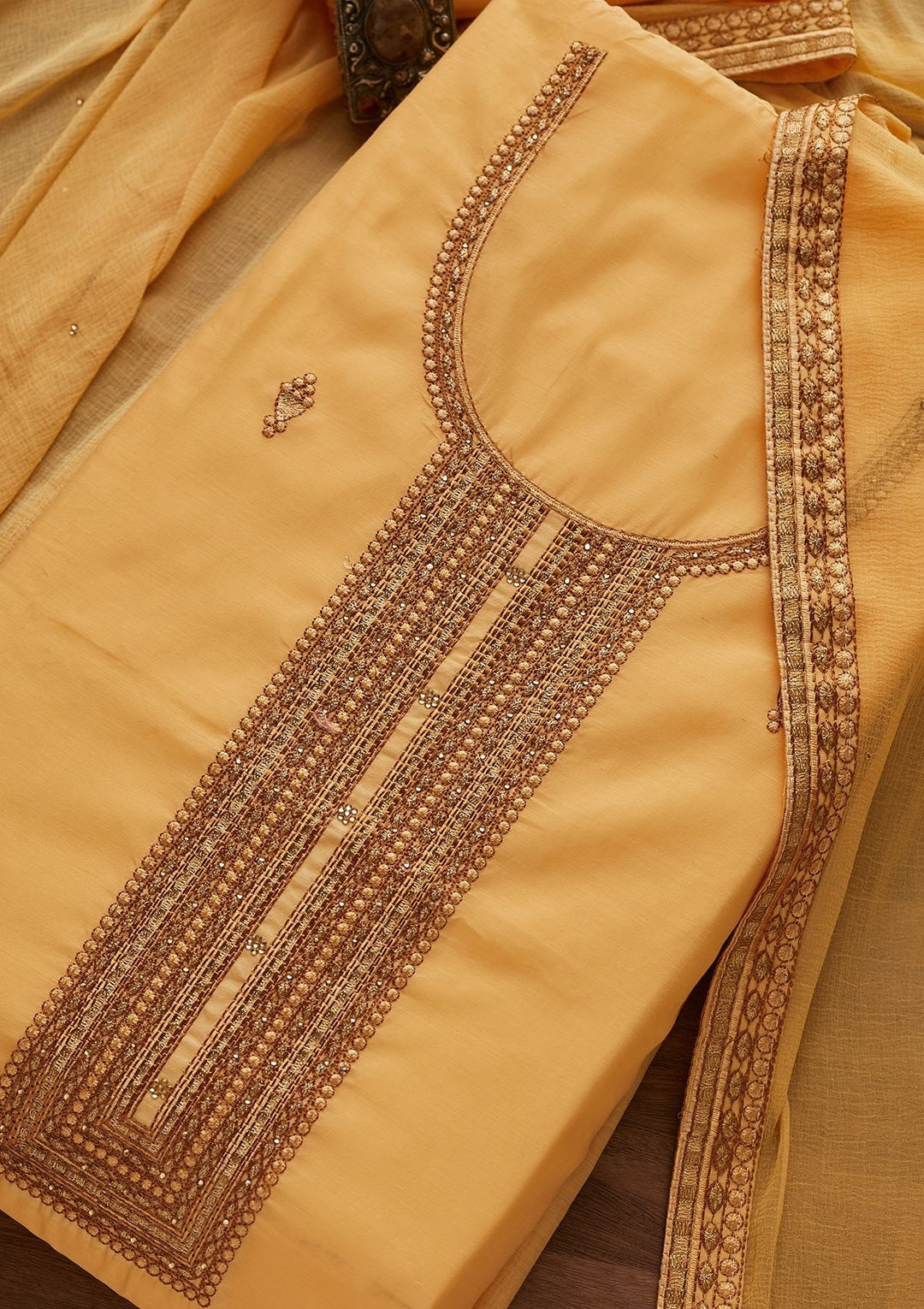 Yellow Threadwork Chanderi Designer Unstitched Salwar Suit - Koskii