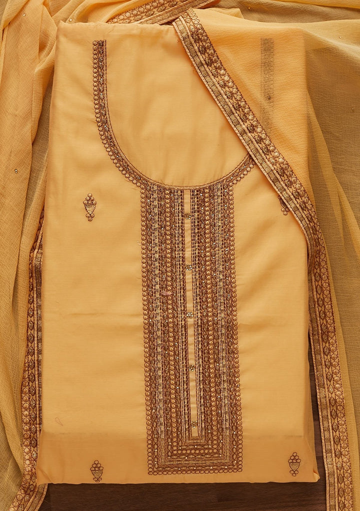 Yellow Threadwork Chanderi Designer Unstitched Salwar Suit - Koskii