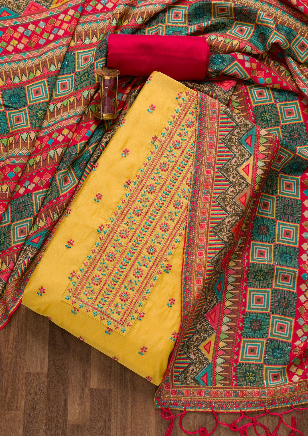 Yellow Threadwork Chanderi Silk Unstitched Salwar Suit