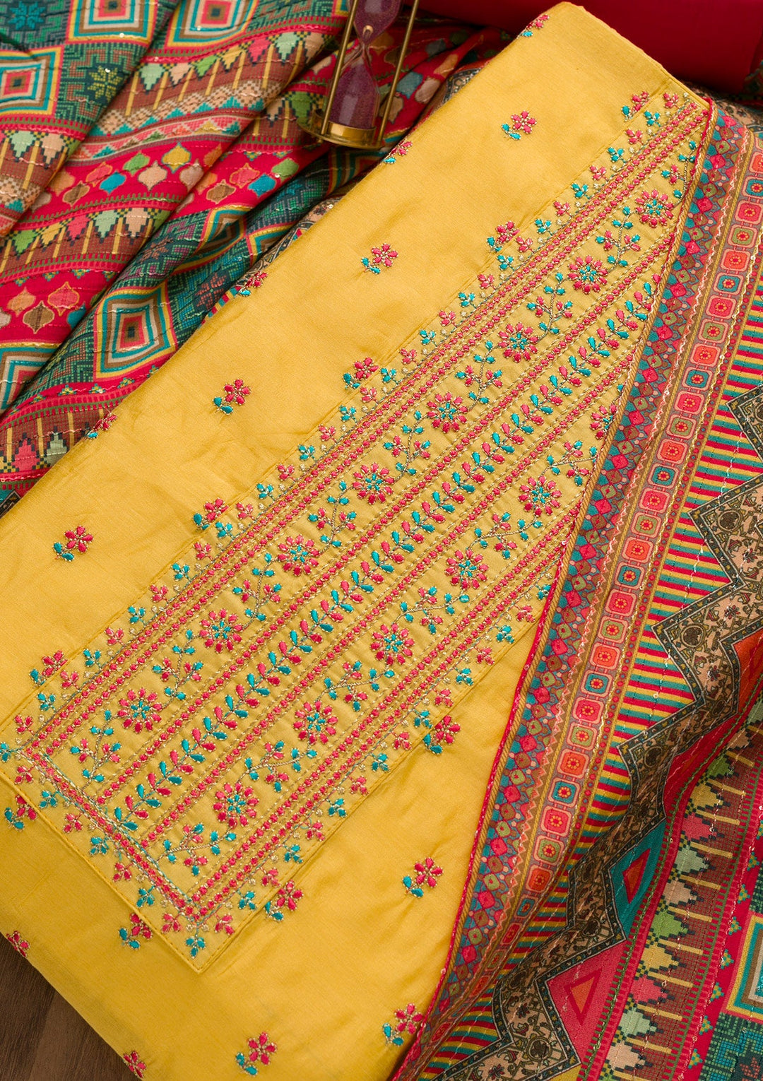 Yellow Threadwork Chanderi Silk Unstitched Salwar Kameez-Koskii