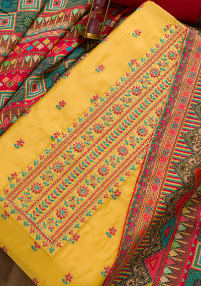Yellow Threadwork Chanderi Silk Unstitched Salwar Kameez-Koskii