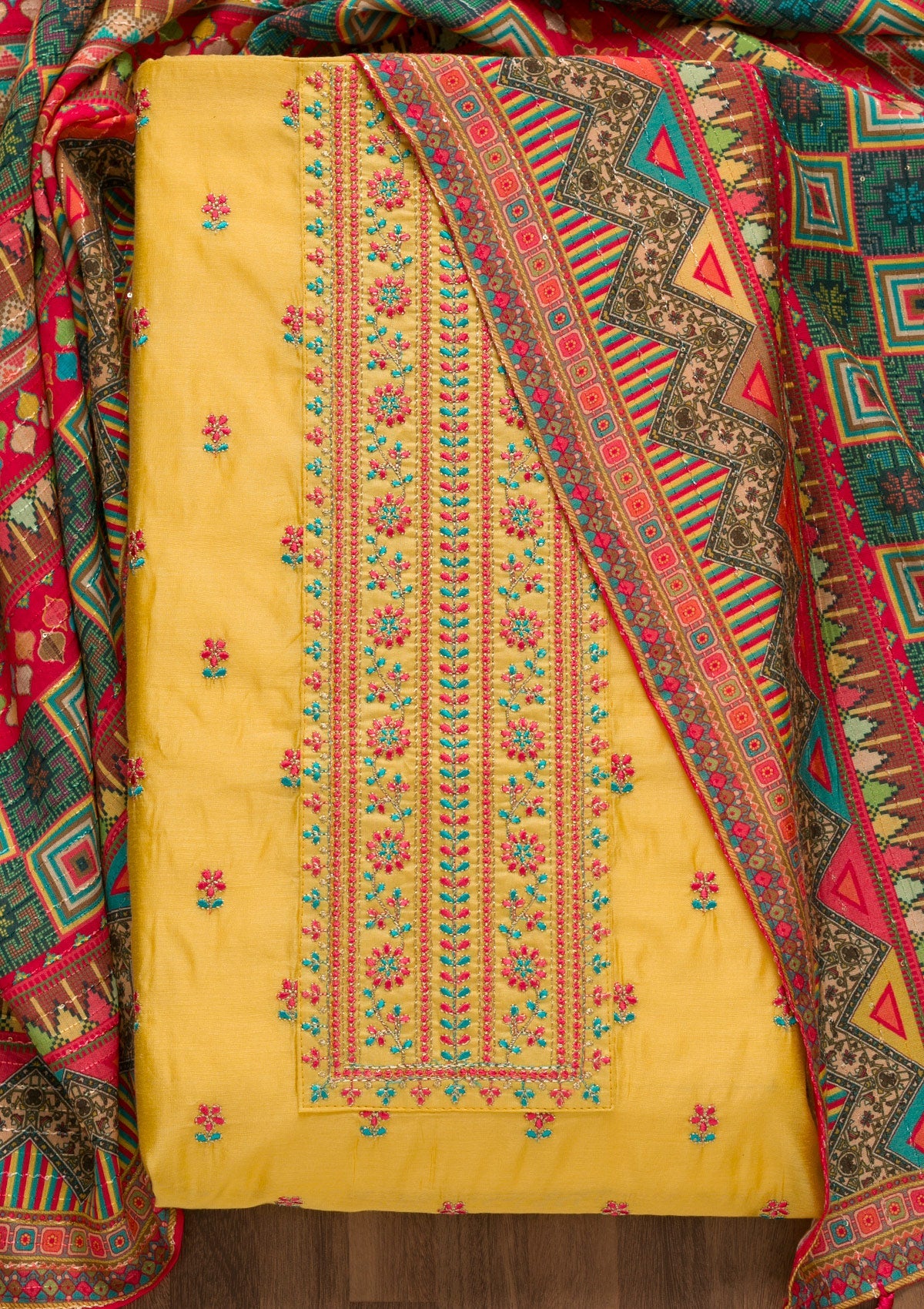 Yellow Threadwork Chanderi Silk Unstitched Salwar Kameez-Koskii