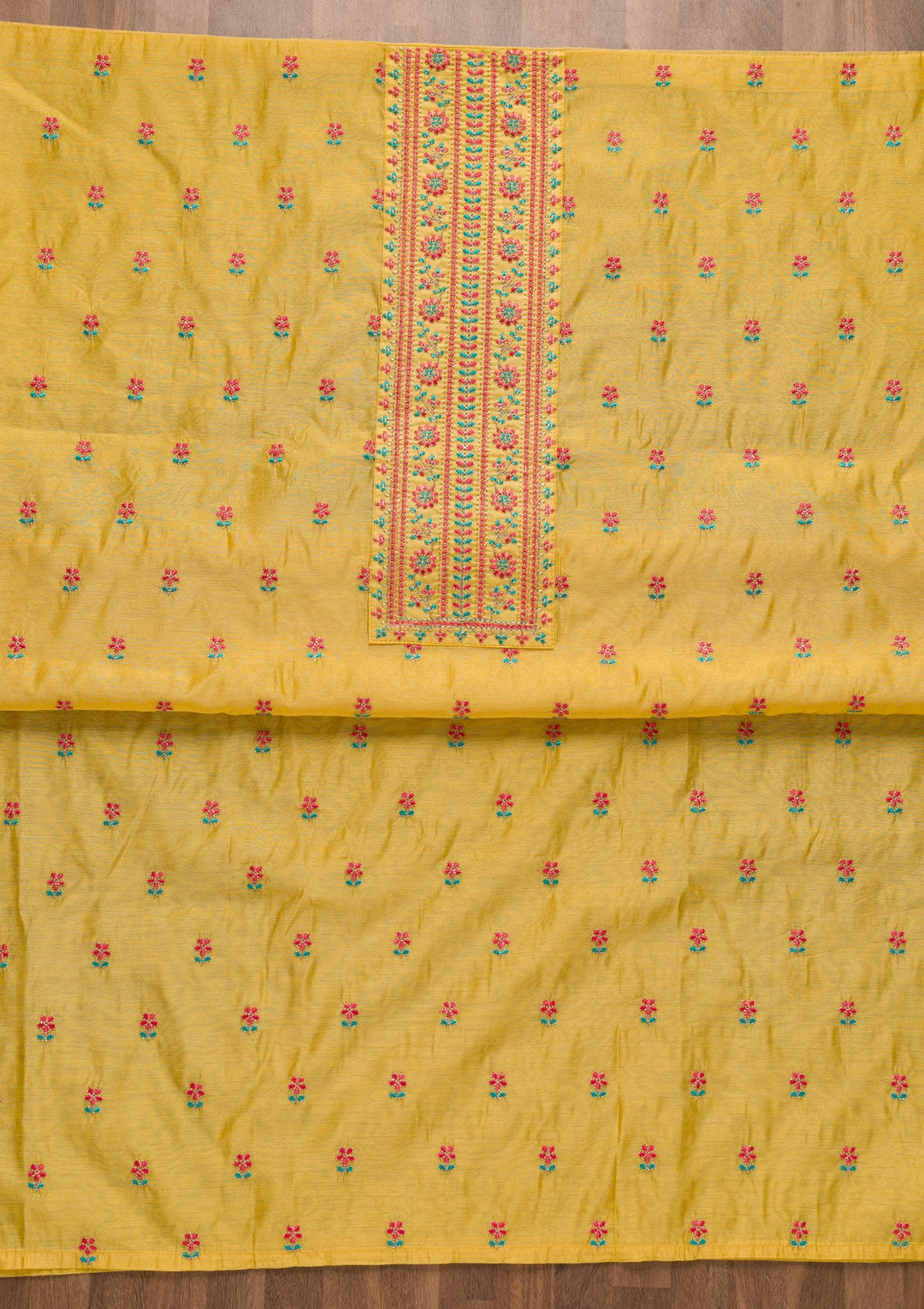 Yellow Threadwork Chanderi Silk Unstitched Salwar Kameez-Koskii