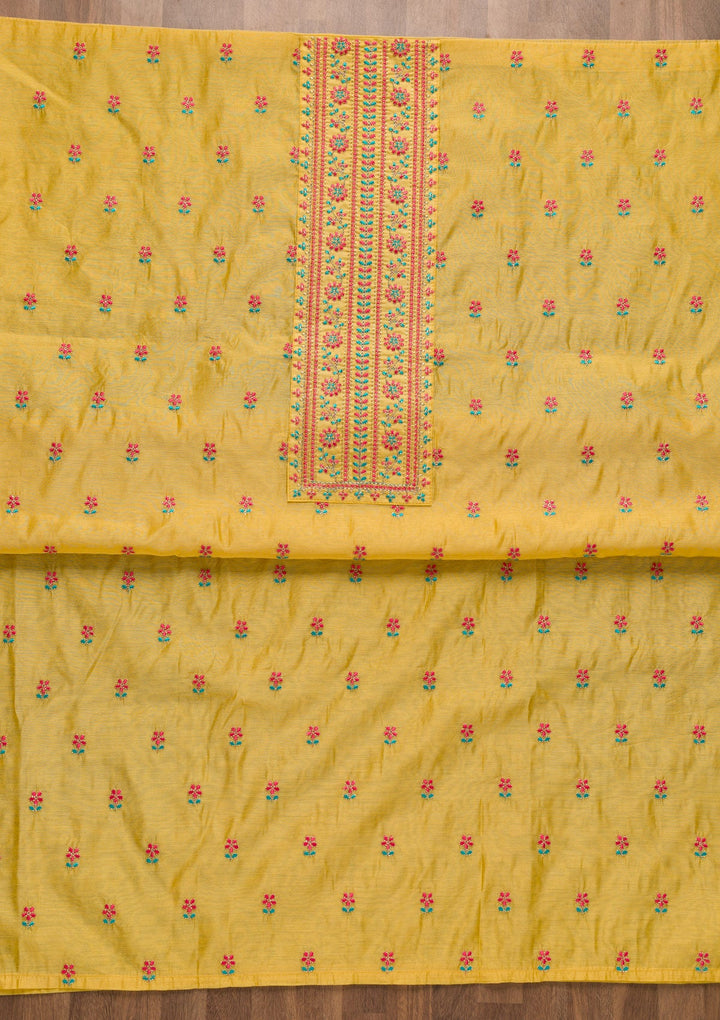 Yellow Threadwork Chanderi Silk Unstitched Salwar Kameez-Koskii
