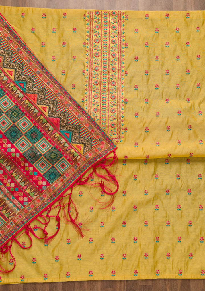 Yellow Threadwork Chanderi Silk Unstitched Salwar Kameez-Koskii