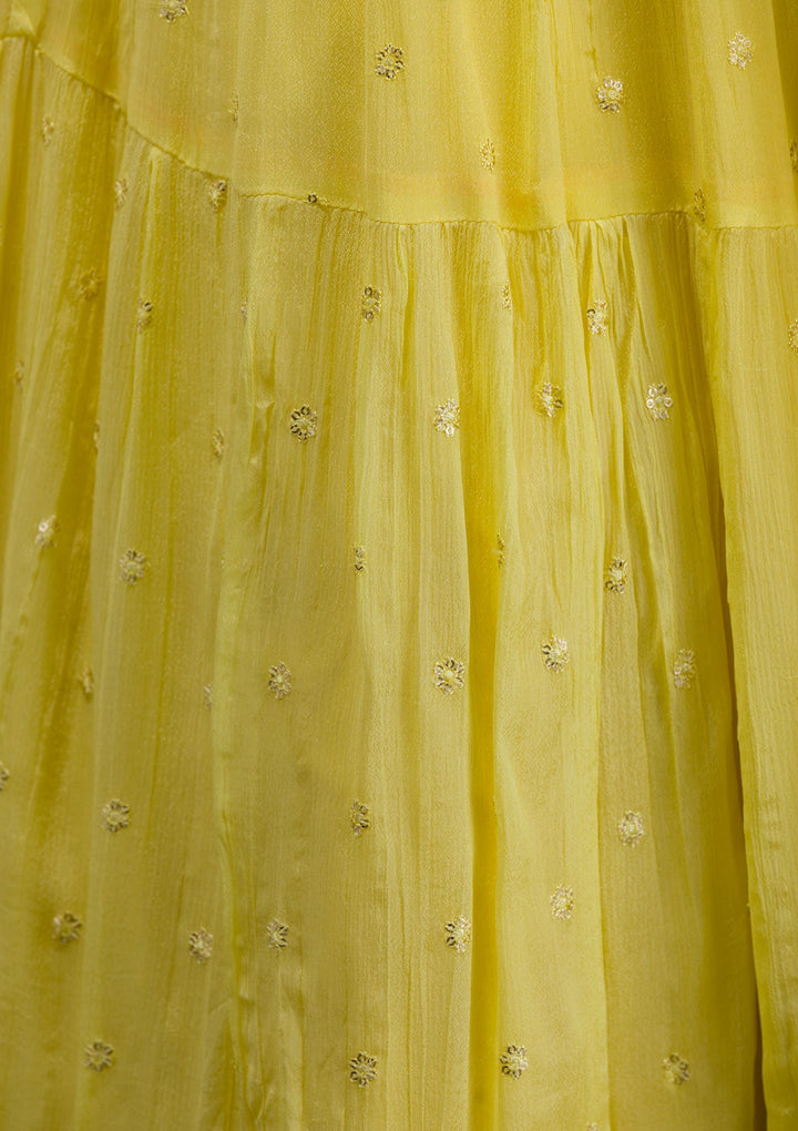 Yellow Threadwork Chiffon Readymade Lehenga-Koskii