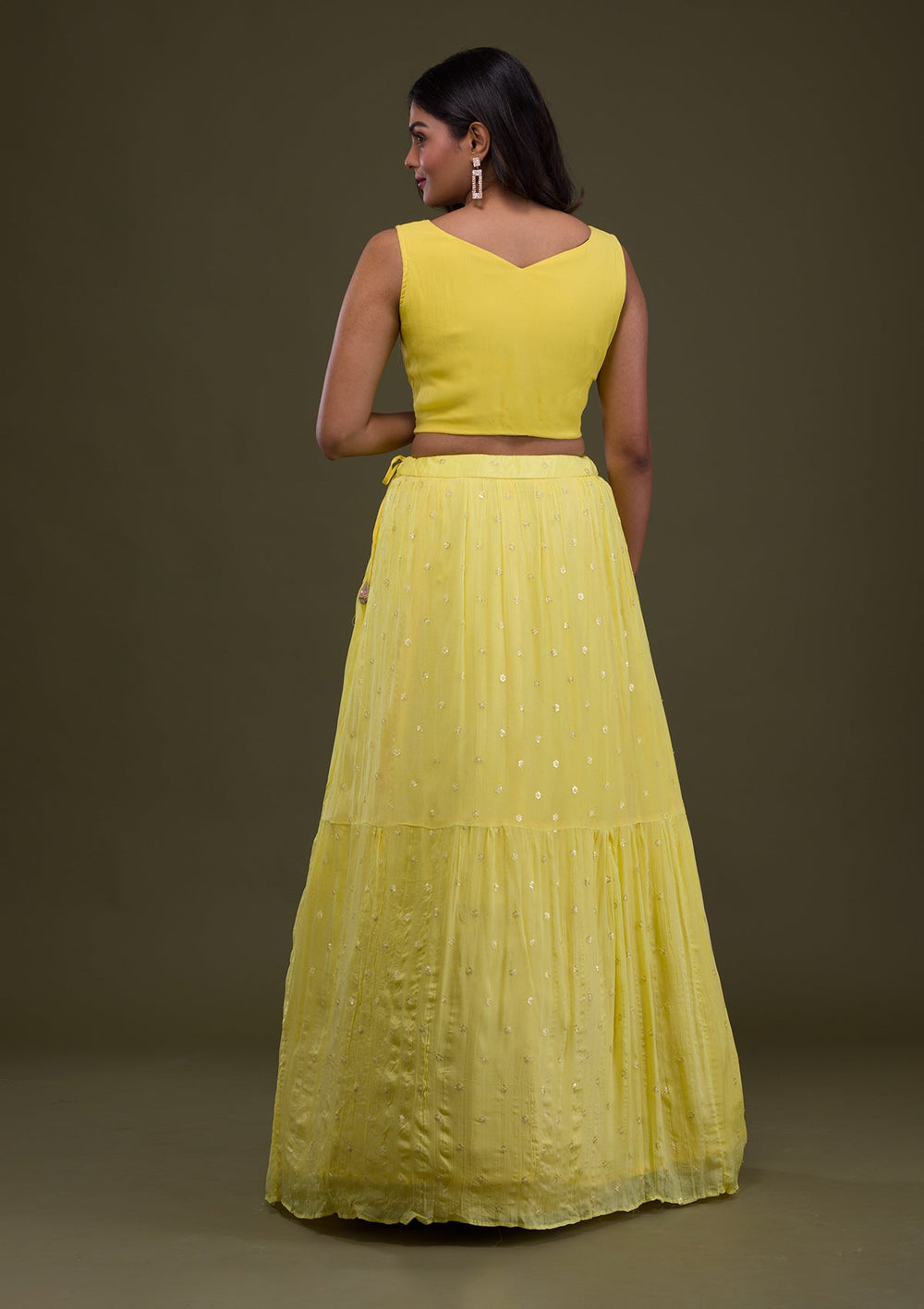 Yellow Threadwork Chiffon Readymade Lehenga-Koskii