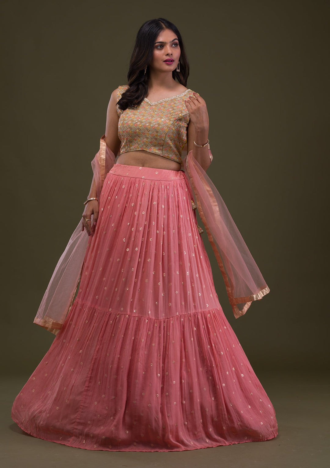 Yellow Threadwork Chiffon Readymade Lehenga-Koskii