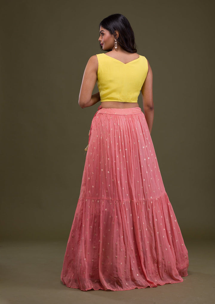 Yellow Threadwork Chiffon Readymade Lehenga-Koskii