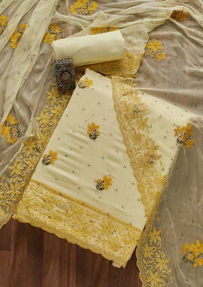 Yellow Threadwork Chiffon Designer Unstitched Salwar Suit - Koskii