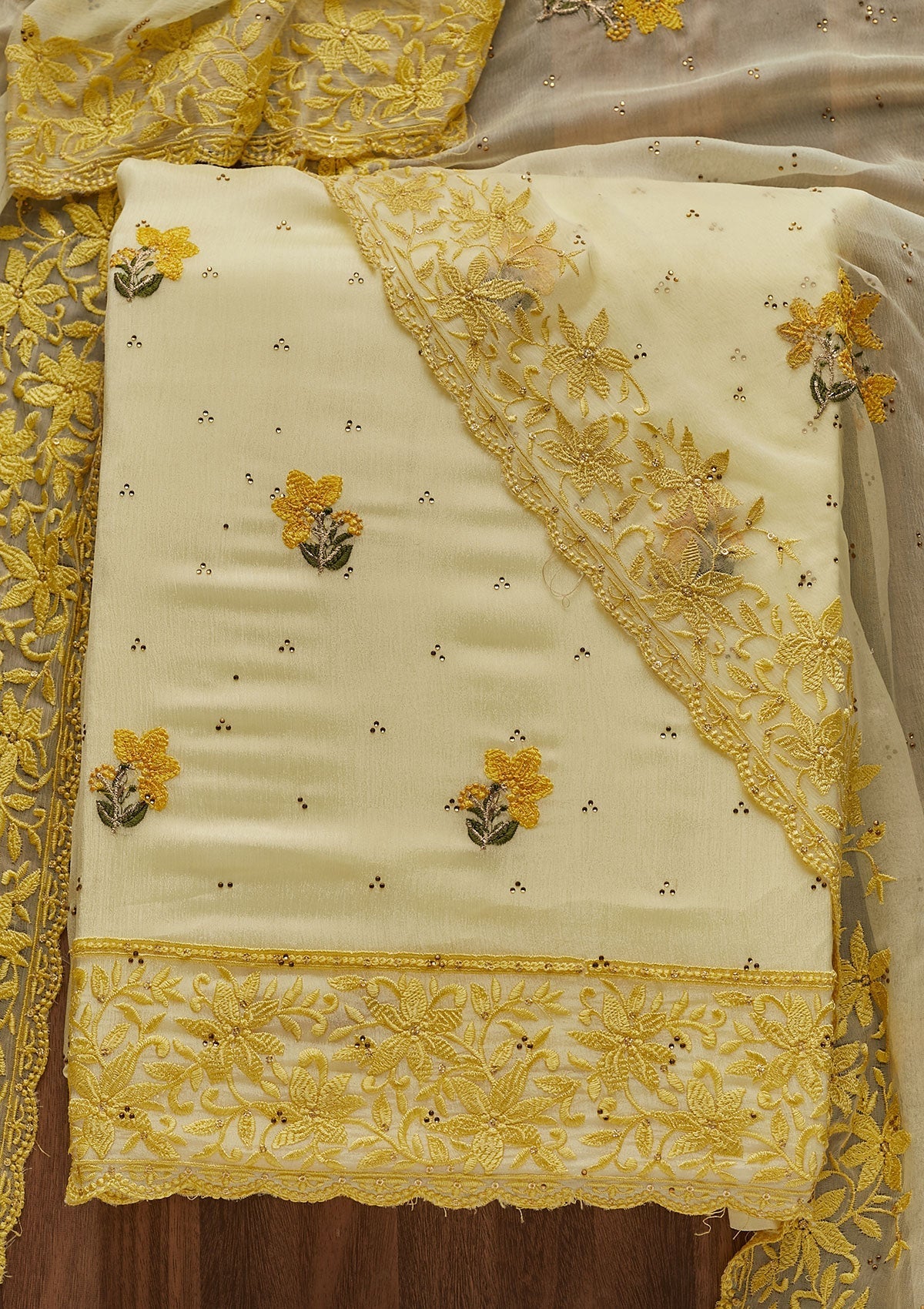 Yellow Threadwork Chiffon Designer Unstitched Salwar Suit - Koskii